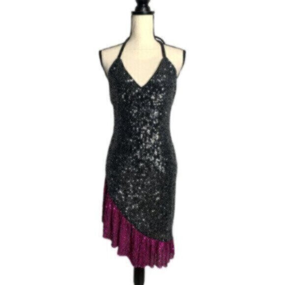NWT One33 Social Black & Purple Sequin Colorblock Backless Halter Dress - Picture 2 of 13